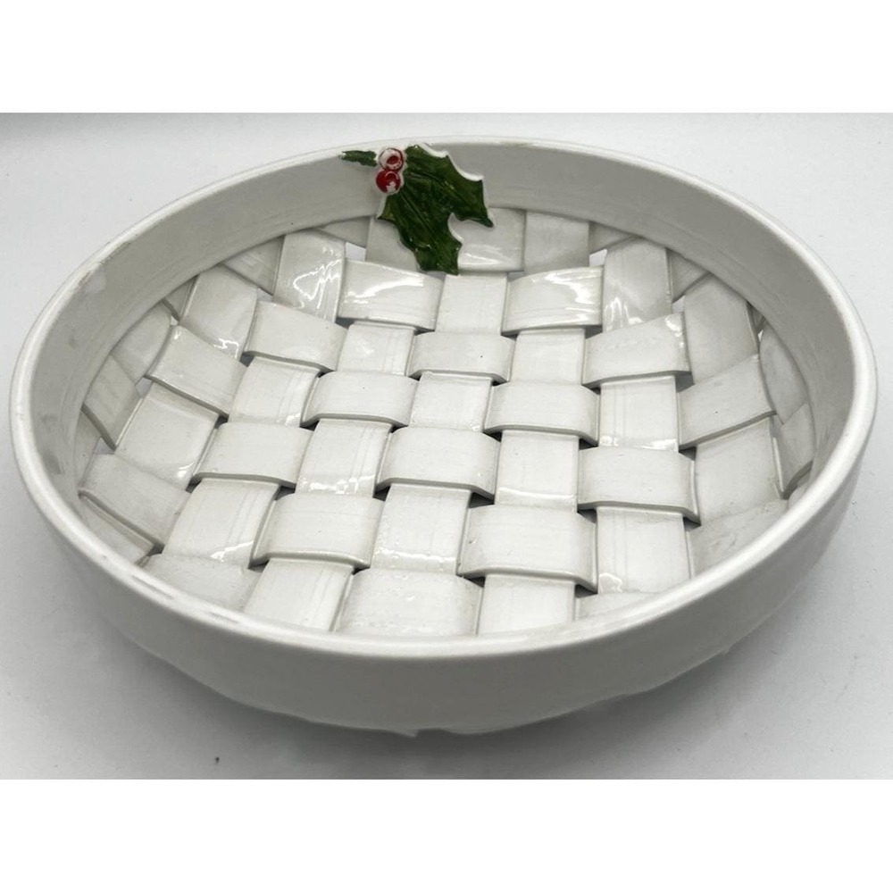 White Ceramic Woven Basketweave Bowl with Holly Christmas Italy Basket Vintage
